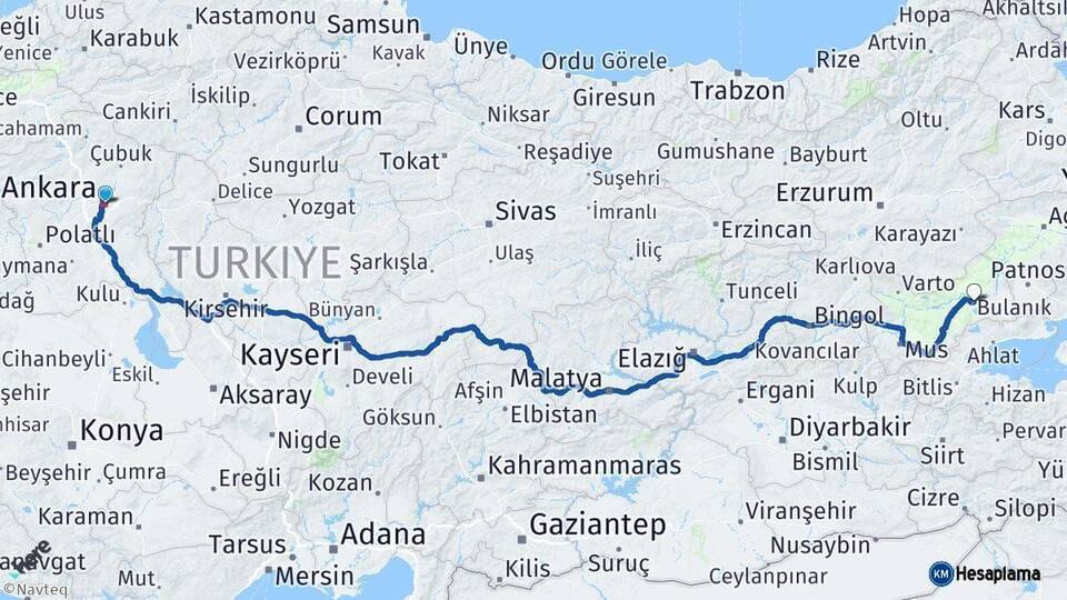 Ankara Bulanık Muş Arası Kaç Km - Yol Haritası