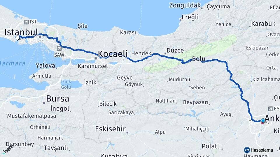 Ankara Büyükçekmece İstanbul Arası Kaç Km - Yol Haritası