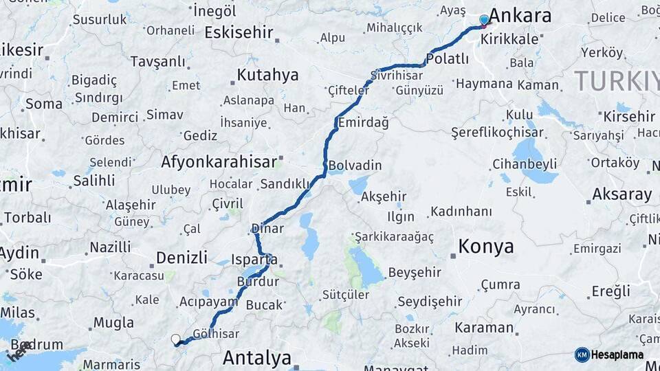 Ankara Çameli Denizli Arası Kaç Km - Yol Haritası