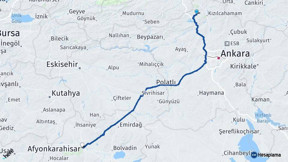 Ankara Çamlıdere Afyonkarahisar Arası Kaç Km - Yol Haritası