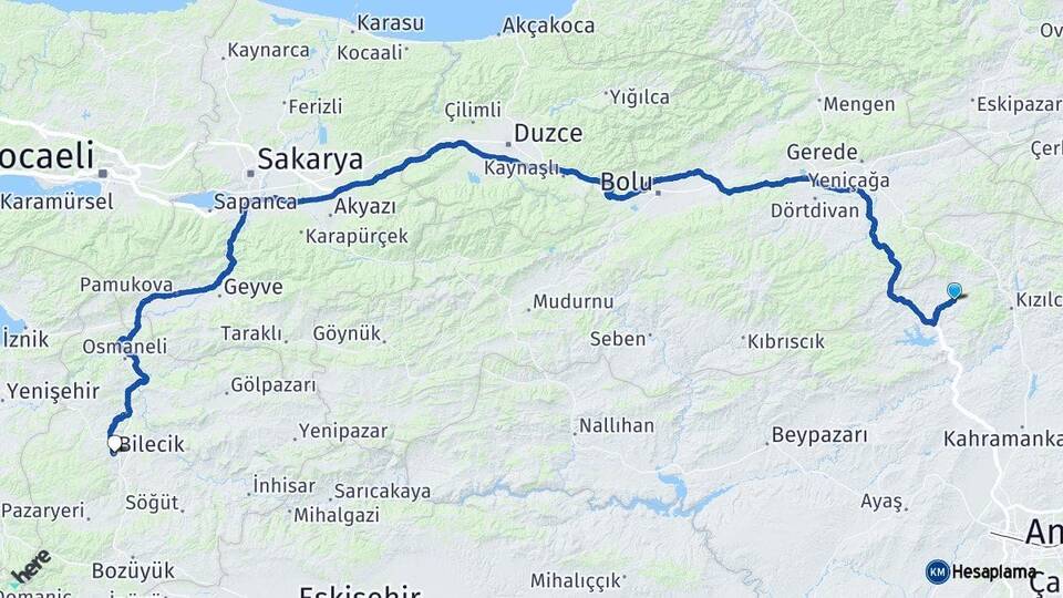 Ankara Çamlıdere Bilecik Arası Kaç Km - Yol Haritası
