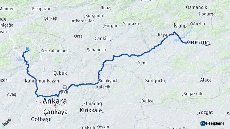 Ankara Çamlıdere Çorum Arası Kaç Km - Yol Haritası
