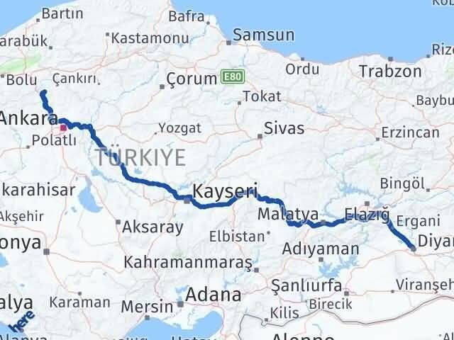 Ankara Çamlıdere Diyarbakır Arası Kaç Km - Yol Haritası