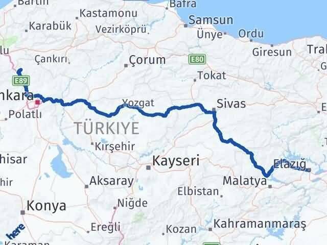 Ankara Çamlıdere Elazığ Arası Kaç Km - Yol Haritası