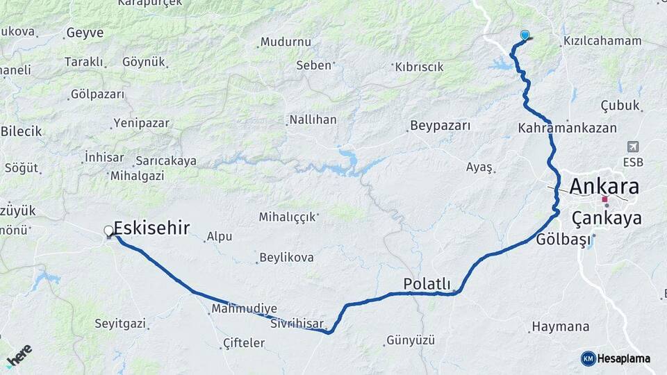 Ankara Çamlıdere Eskişehir Arası Kaç Km - Yol Haritası