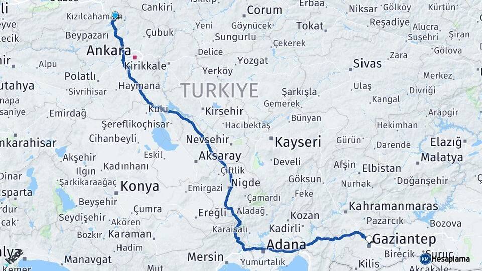 Ankara Çamlıdere Gaziantep Arası Kaç Km - Yol Haritası