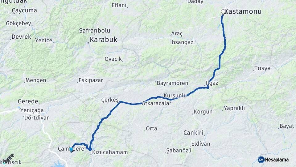 Ankara Çamlıdere Kastamonu Arası Kaç Km - Yol Haritası