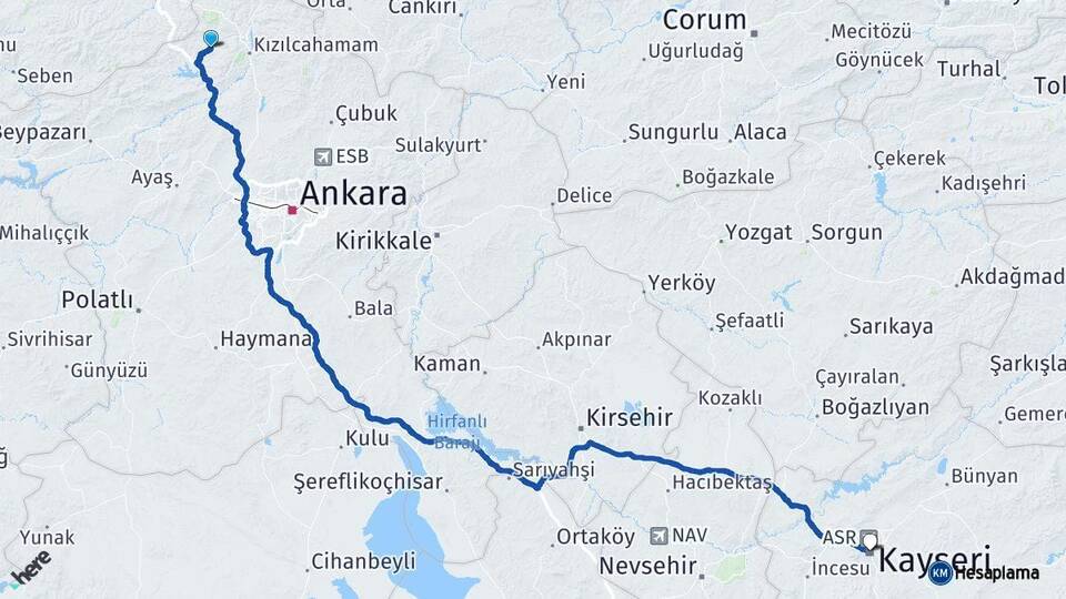Ankara Çamlıdere Kayseri Arası Kaç Km - Yol Haritası