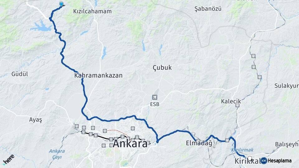 Ankara Çamlıdere Kırıkkale Arası Kaç Km - Yol Haritası