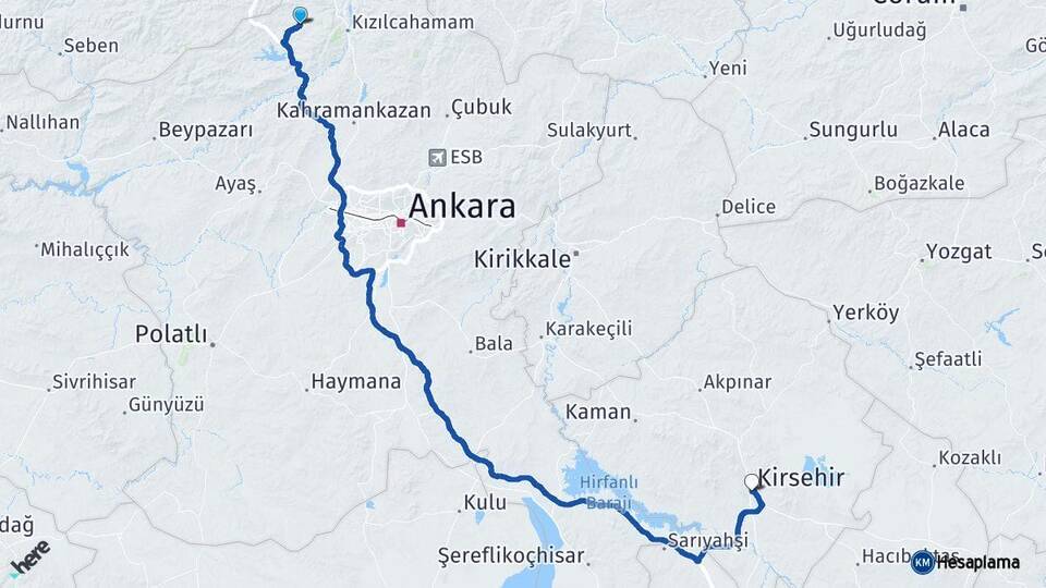 Ankara Çamlıdere Kırşehir Arası Kaç Km - Yol Haritası
