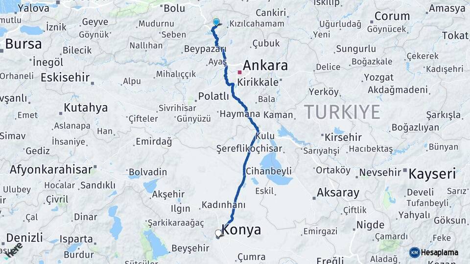 Ankara Çamlıdere Konya Arası Kaç Km - Yol Haritası