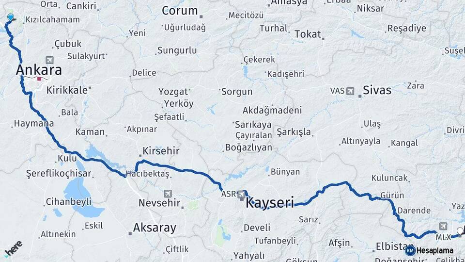 Ankara Çamlıdere Malatya Arası Kaç Km - Yol Haritası