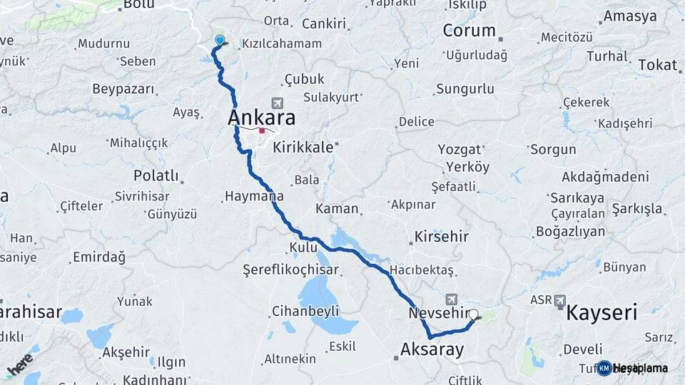 Ankara Çamlıdere Nevşehir Arası Kaç Km - Yol Haritası