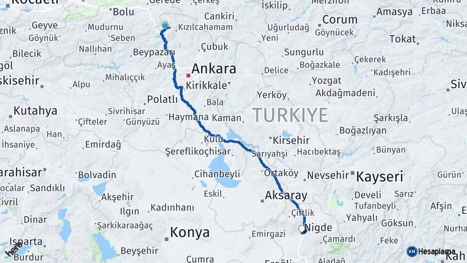 Ankara Çamlıdere Niğde Arası Kaç Km - Yol Haritası