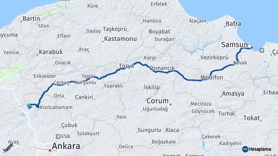 Ankara Çamlıdere Samsun Arası Kaç Km - Yol Haritası