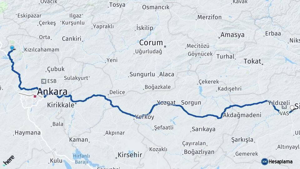 Ankara Çamlıdere Sivas Arası Kaç Km - Yol Haritası