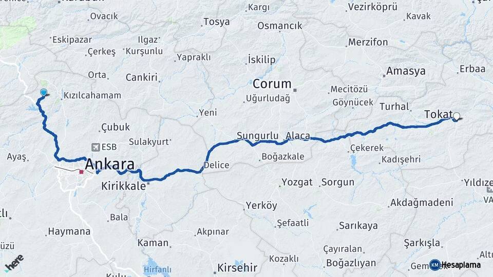 Ankara Çamlıdere Tokat Arası Kaç Km - Yol Haritası