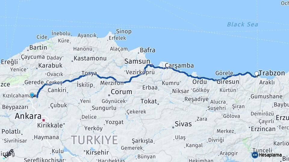 Ankara Çamlıdere Trabzon Arası Kaç Km - Yol Haritası
