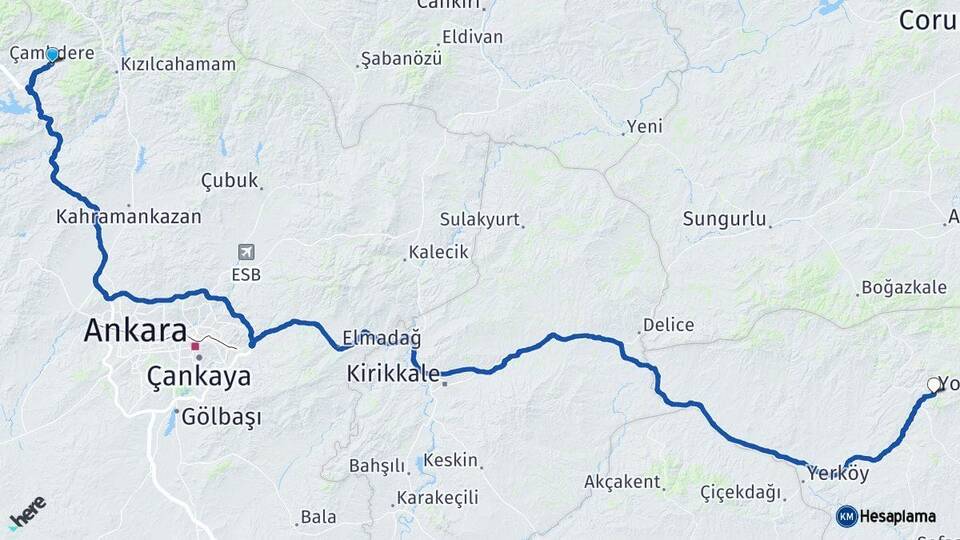 Ankara Çamlıdere Yozgat Arası Kaç Km - Yol Haritası