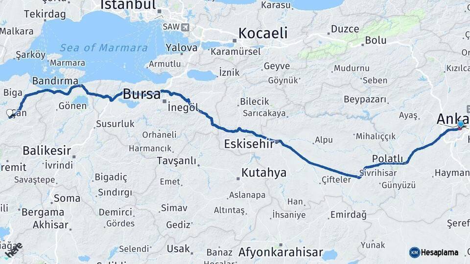 Ankara Çan Çanakkale Arası Kaç Km - Yol Haritası