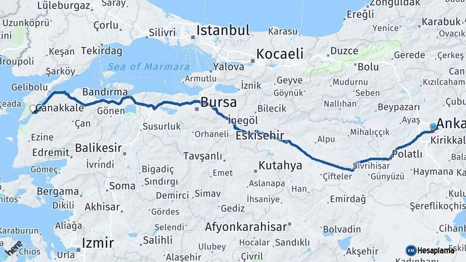 Ankara Çanakkale Arası Kaç Km - Yol Haritası