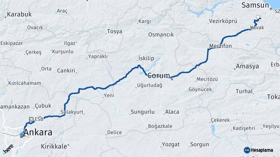 Ankara Canik Samsun Arası Kaç Km - Yol Haritası