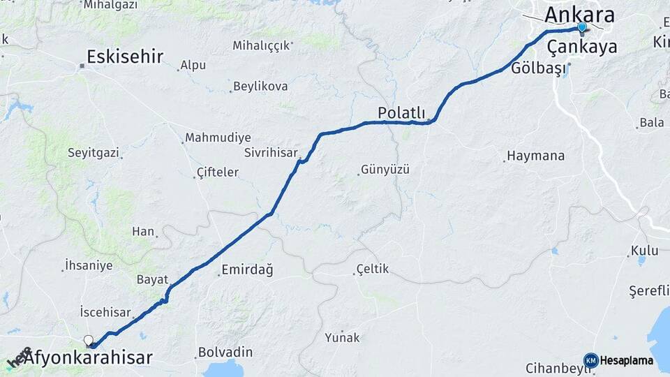 Ankara Çankaya Afyonkarahisar Arası Kaç Km - Yol Haritası