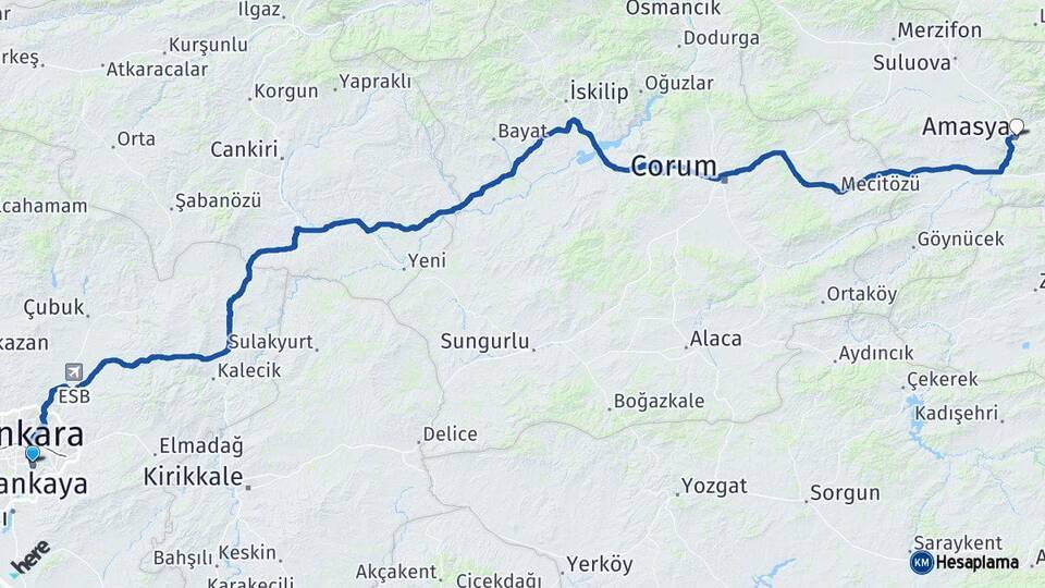 Ankara Çankaya Amasya Arası Kaç Km - Yol Haritası