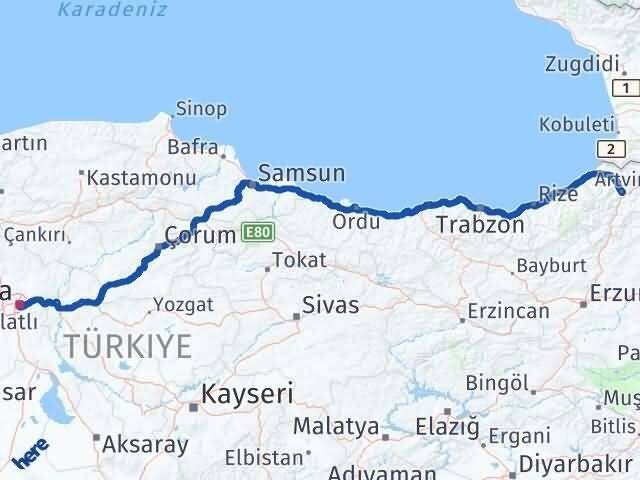 Ankara Çankaya Artvin Arası Kaç Km - Yol Haritası