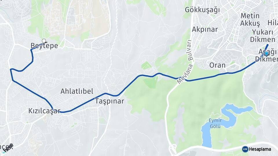 Ankara Çankaya Aşağı Dikmen Beytepe Çankaya Arası Kaç Km - Yol Haritası