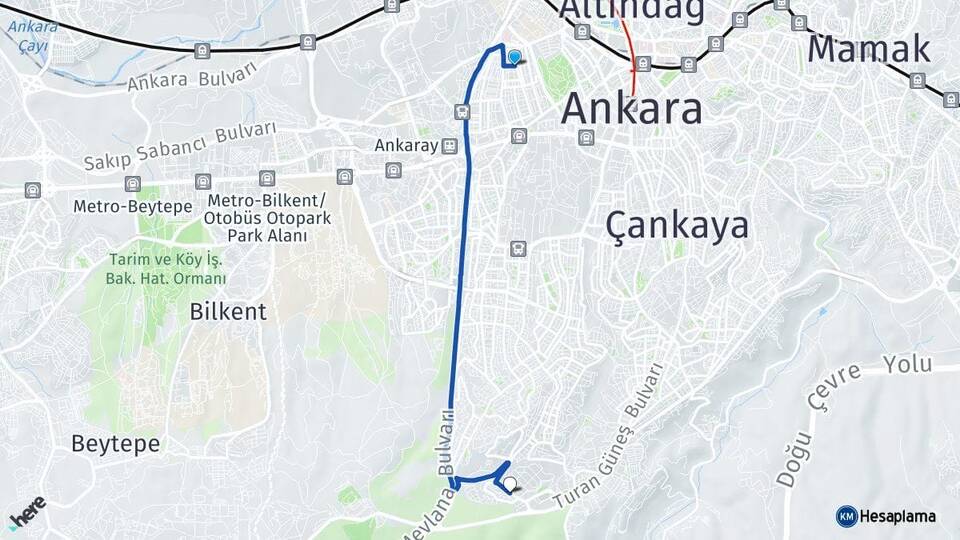 Ankara Çankaya Bahçelievler Oran Çankaya Arası Kaç Km - Yol Haritası