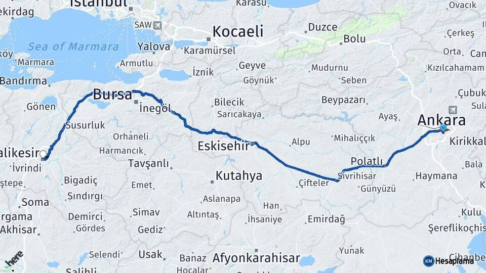 Ankara Çankaya Balıkesir Arası Kaç Km - Yol Haritası