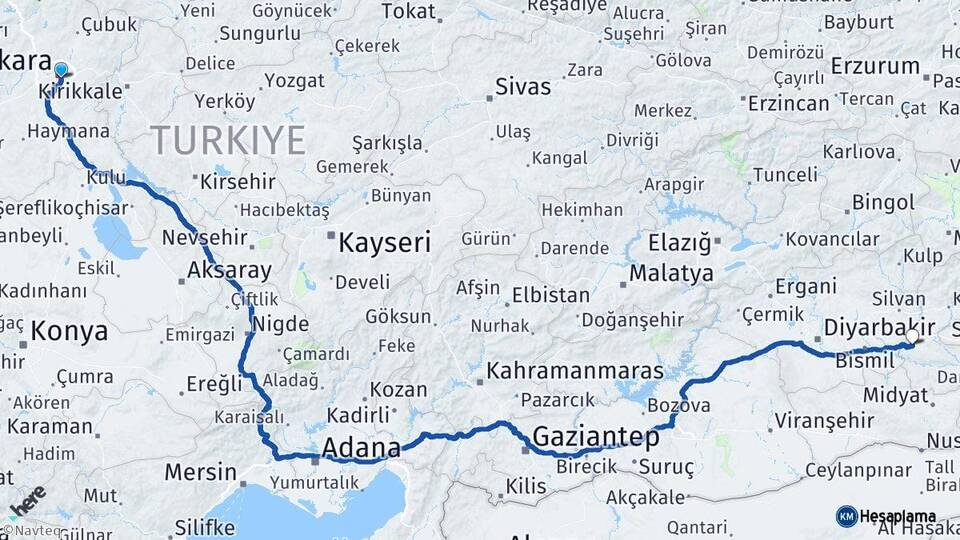Ankara Çankaya Batman Arası Kaç Km - Yol Haritası