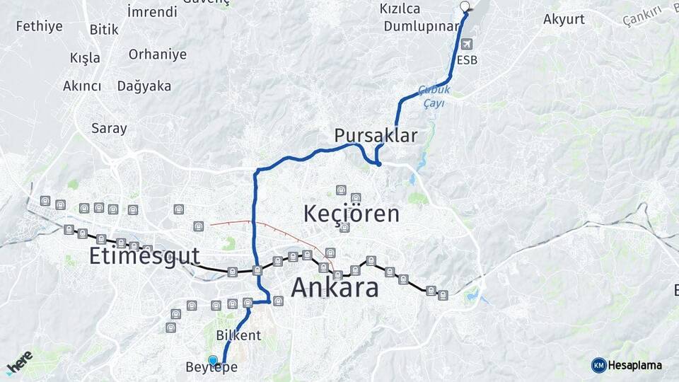 Ankara Çankaya Beytepe Esenboğa Çubuk Arası Kaç Km - Yol Haritası
