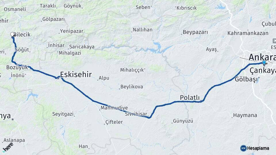 Ankara Çankaya Bilecik Arası Kaç Km - Yol Haritası