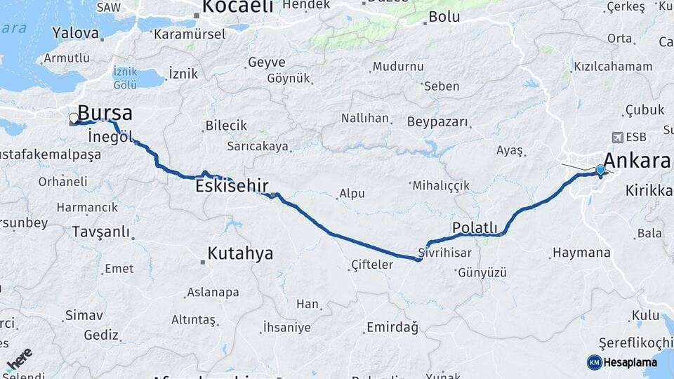 Ankara Çankaya Bursa Arası Kaç Km - Yol Haritası