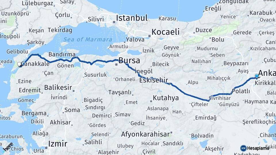 Ankara Çankaya Çanakkale Arası Kaç Km - Yol Haritası
