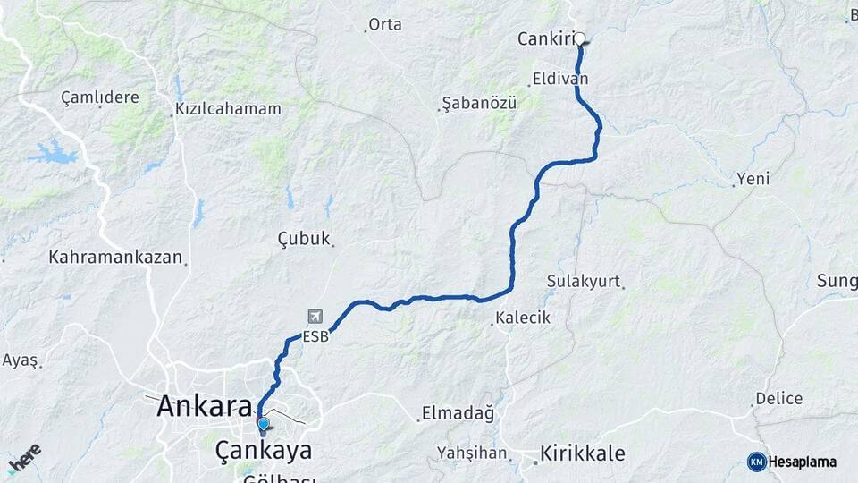 Ankara Çankaya Çankırı Arası Kaç Km - Yol Haritası