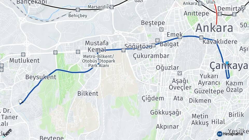 Ankara Çankaya Çayyolu Çankaya Arası Kaç Km - Yol Haritası