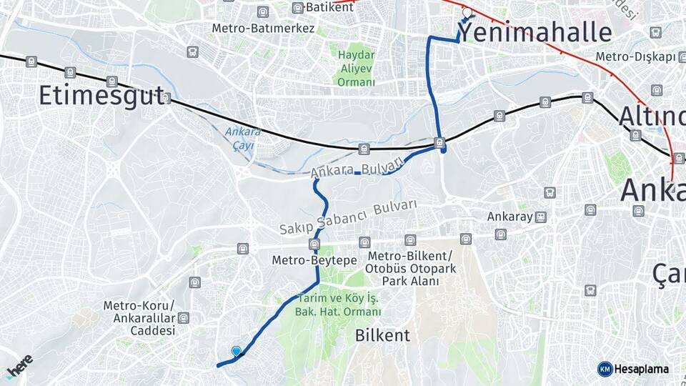 Ankara Çankaya Çayyolu Demetevler Yenimahalle Arası Kaç Km - Yol Haritası