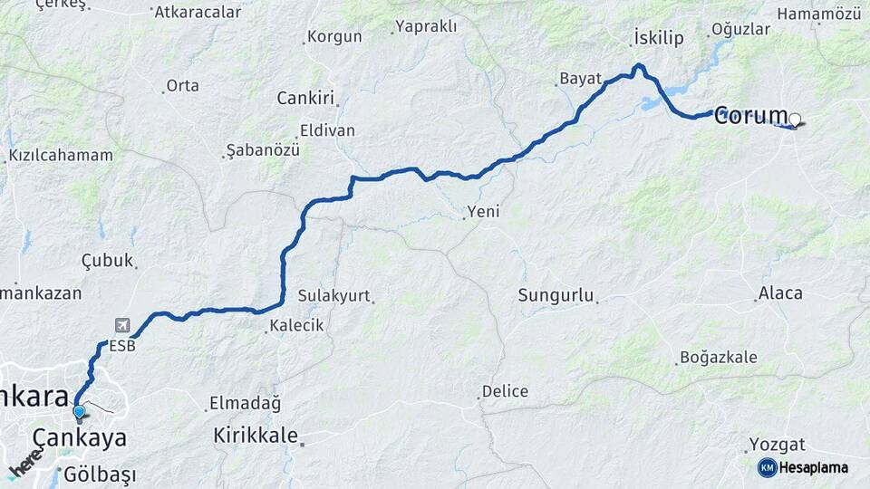 Ankara Çankaya Çorum Arası Kaç Km - Yol Haritası