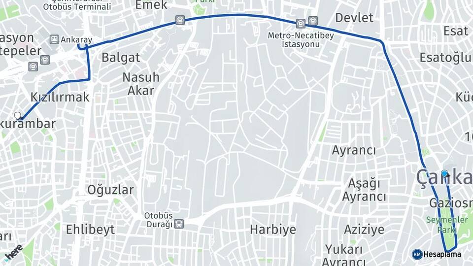 Ankara Çankaya Çukurambar Çankaya Arası Kaç Km - Yol Haritası