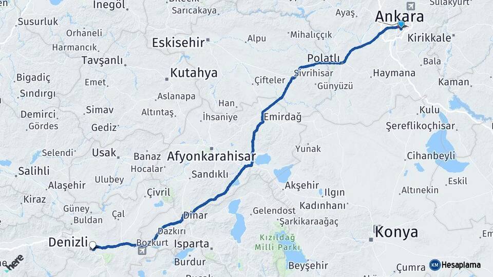 Ankara Çankaya Denizli Arası Kaç Km - Yol Haritası
