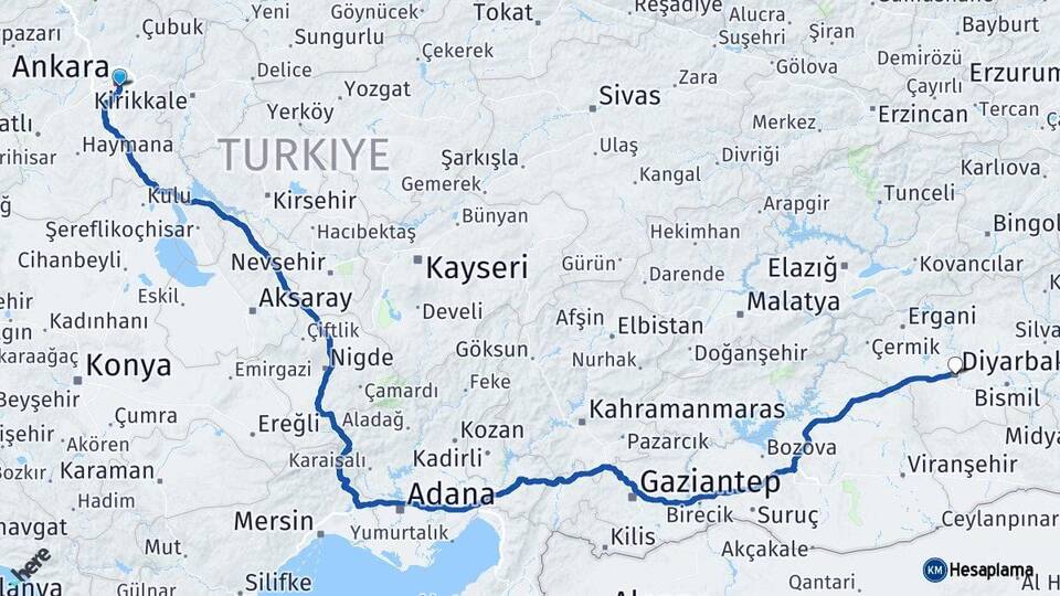 Ankara Çankaya Diyarbakır Arası Kaç Km - Yol Haritası