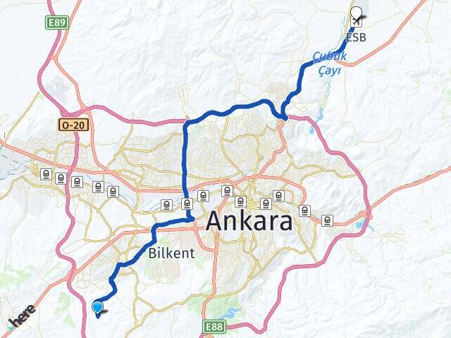 Ankara Çankaya Dodurga Esenboğa Havalimanı Arası Kaç Km - Yol Haritası