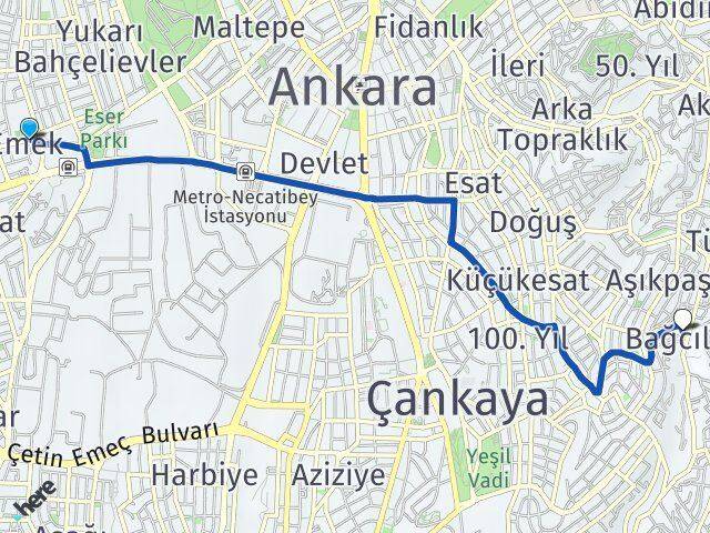 Ankara Çankaya Emek Bağcılar Çankaya Arası Kaç Km - Yol Haritası