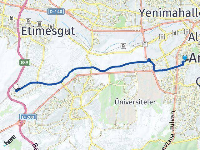 Ankara Çankaya Emek Bağlıca Etimesgut Arası Kaç Km - Yol Haritası