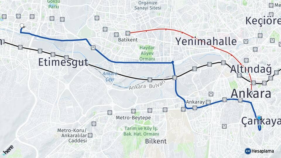 Ankara Çankaya Eryaman Etimesgut Arası Kaç Km - Yol Haritası