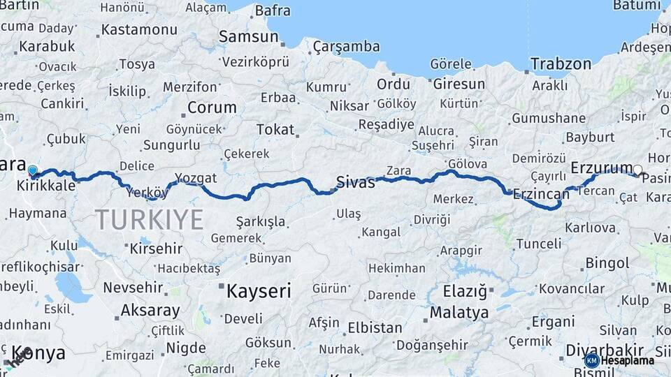 Ankara Çankaya Erzurum Arası Kaç Km - Yol Haritası
