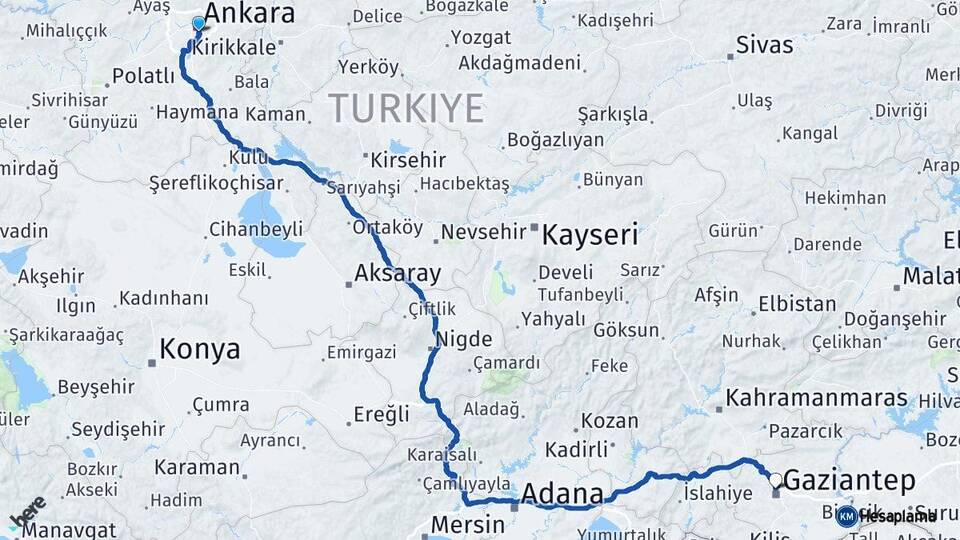 Ankara Çankaya Gaziantep Arası Kaç Km - Yol Haritası
